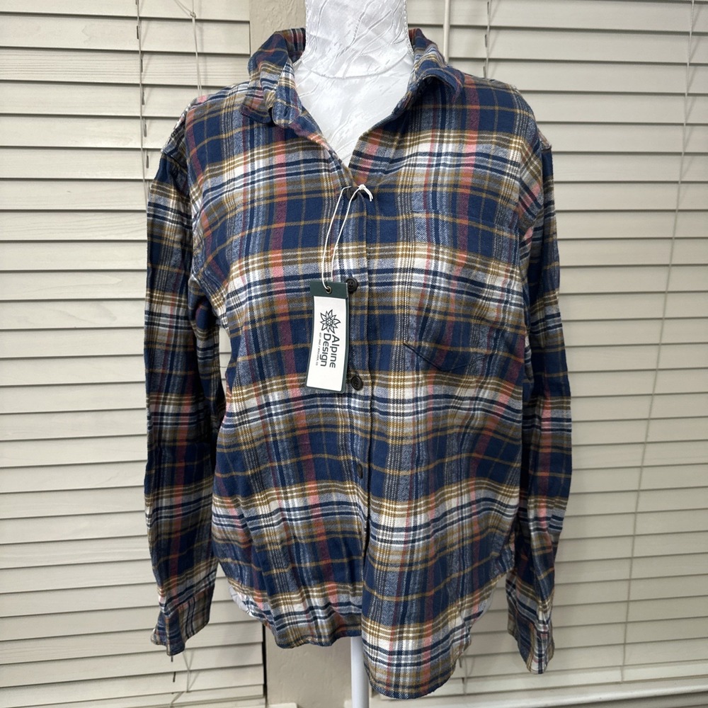 Alpine Design Flannel Shirt Womens Medium Midweight Navy Brown Rock Plaid Hiking